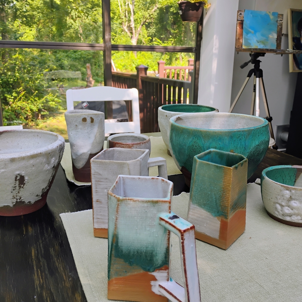 Handcrafted Ceramic Art Set - Teal and White- MUGS $65 EACH